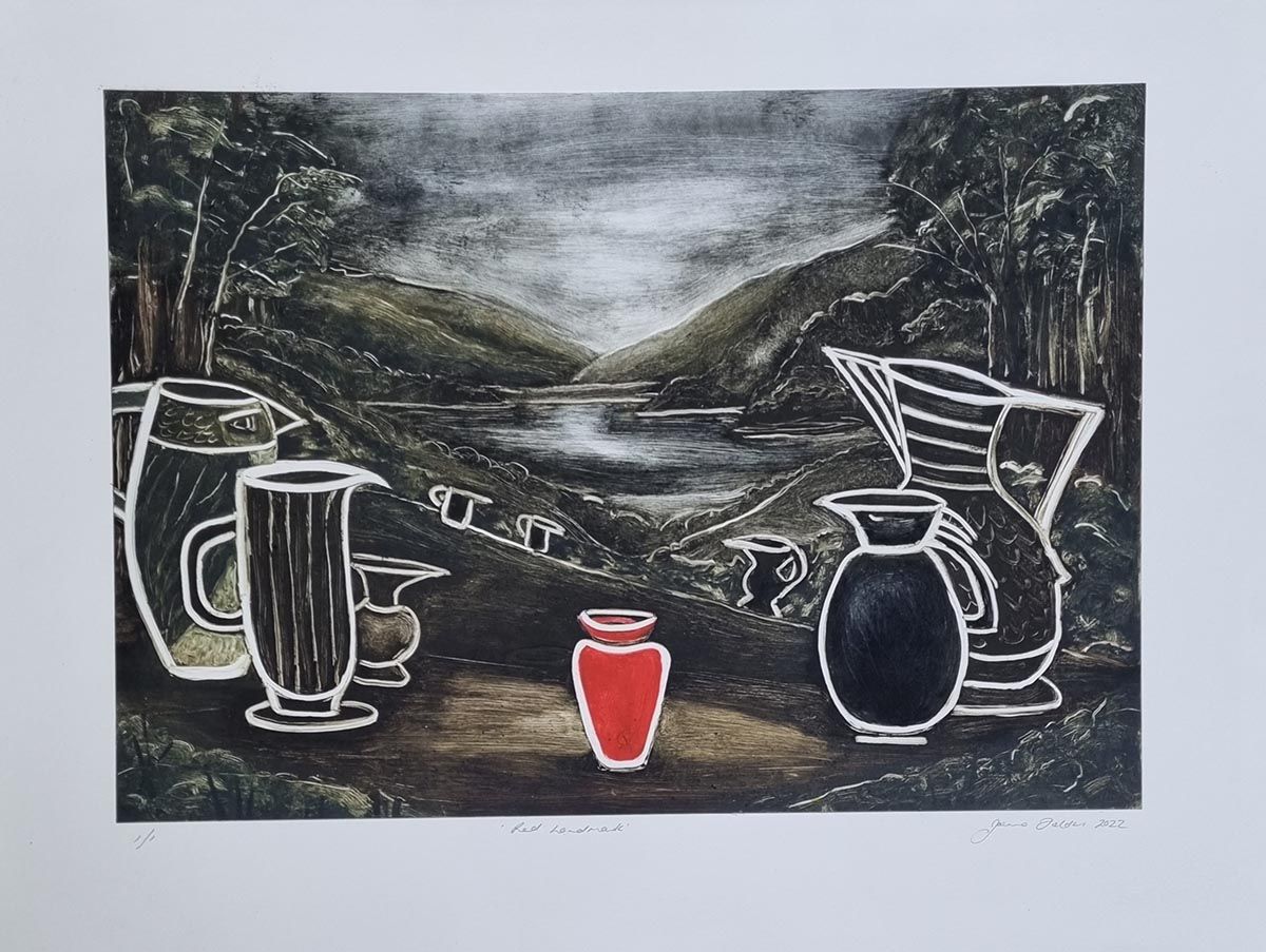 Red Landmark, monotype, 2022, Joanna Fieldes